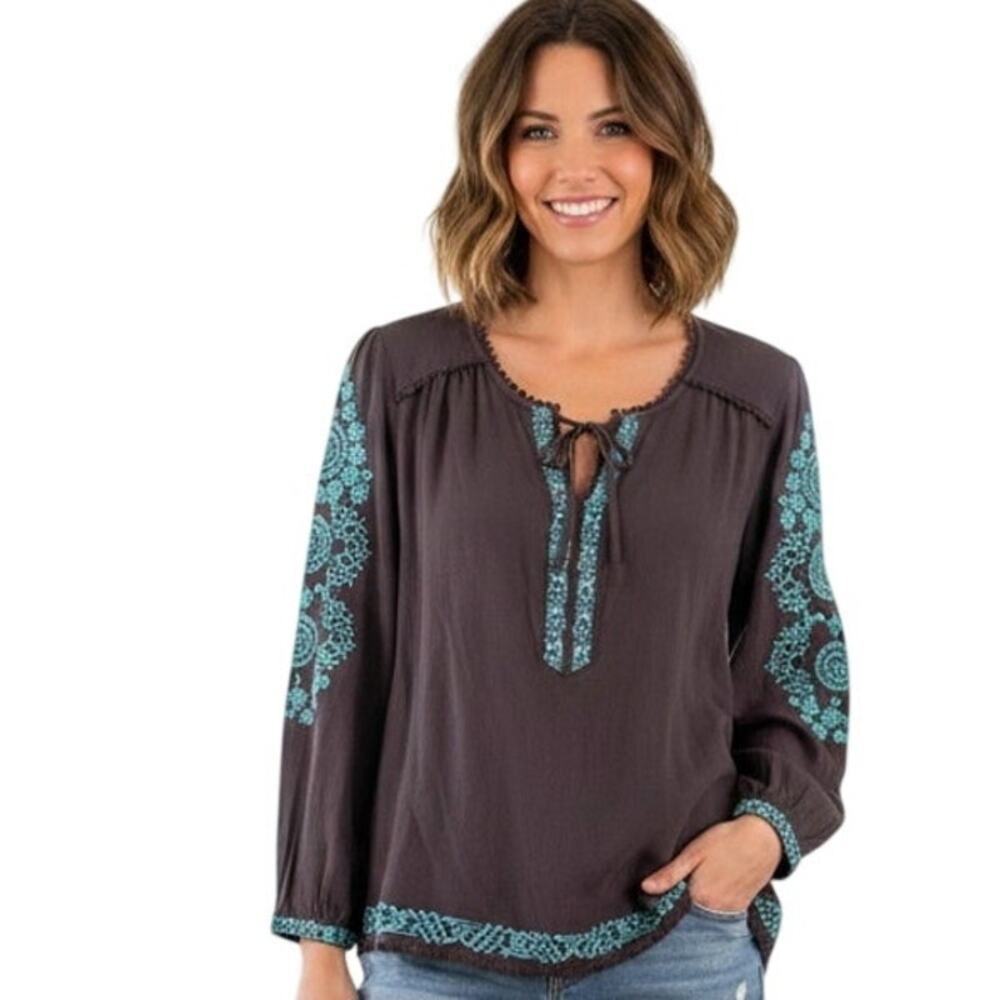 Paparazzi Embroidered Peasant Top Womens Medium Gray Teal Boho Folk Floral Crepe